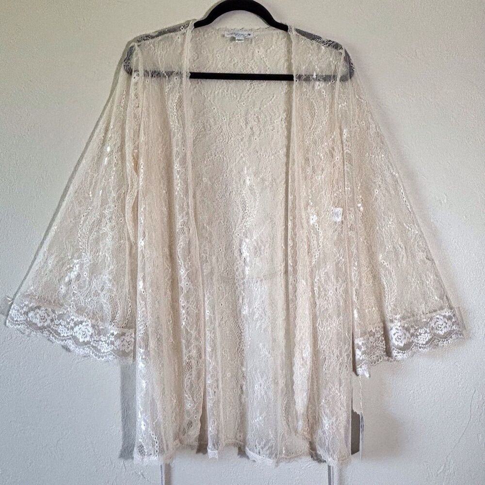 In Bloom By Jonquil Kimono Robe Womens Medium Large M-L Peach Sheer Lace NWT